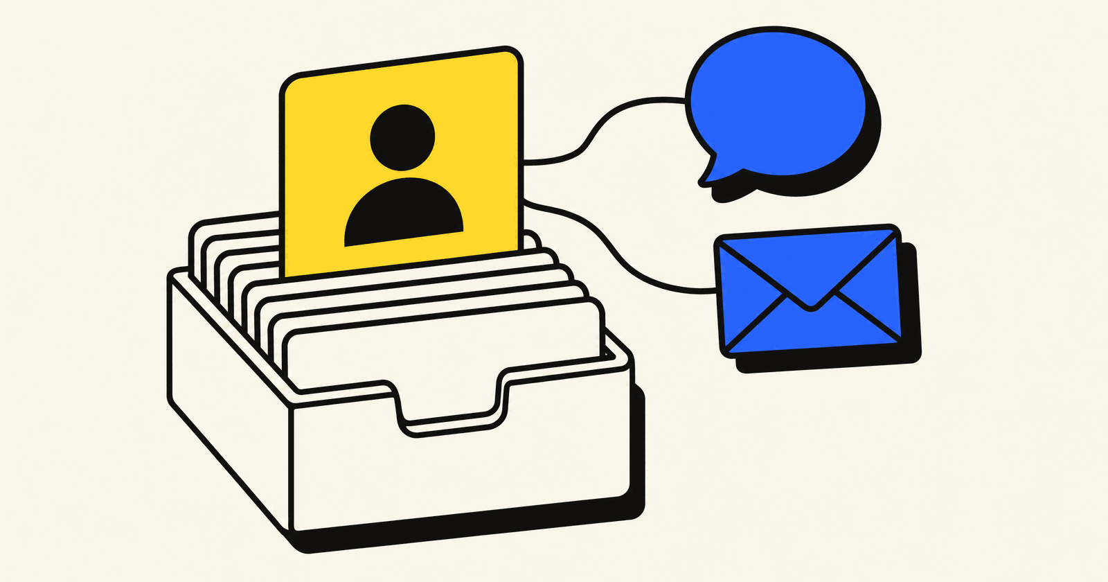 A card index box of blank cards with one yellow card raised showing a person icon, joined by black lines to a blue speech bubble and a blue envelope, in a bold flat illustration