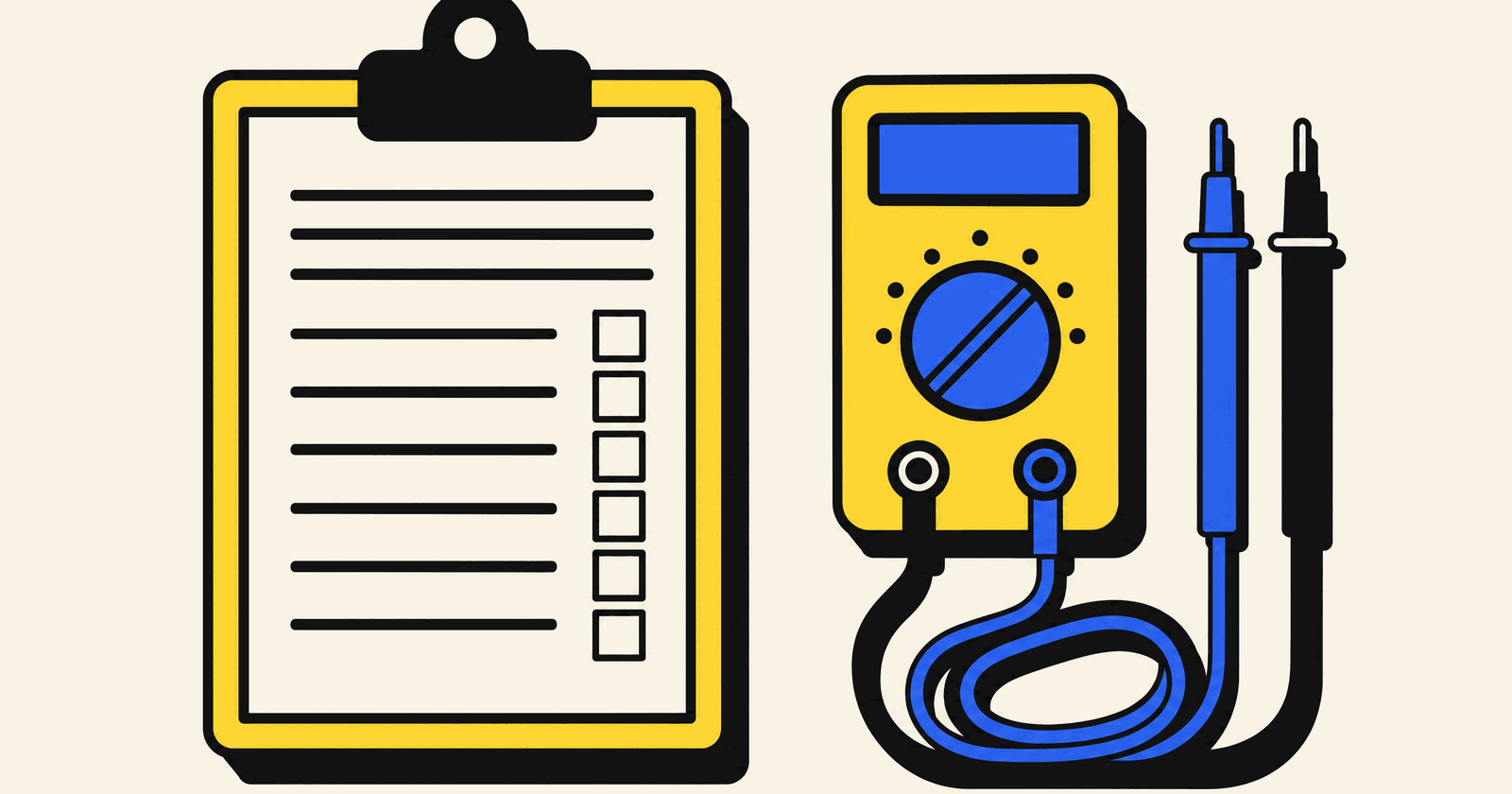 A yellow clipboard holding an inspection certificate with blank tick boxes, beside a yellow test meter with blue and black probes, in a bold flat illustration