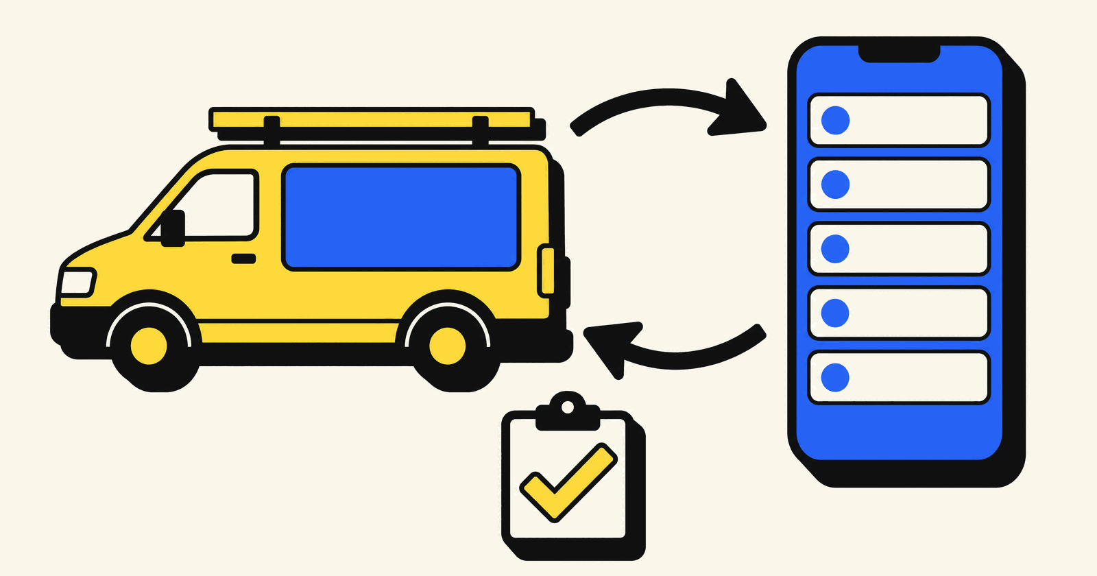 A yellow work van and a smartphone showing a job list, joined by two black arrows, in a bold flat illustration