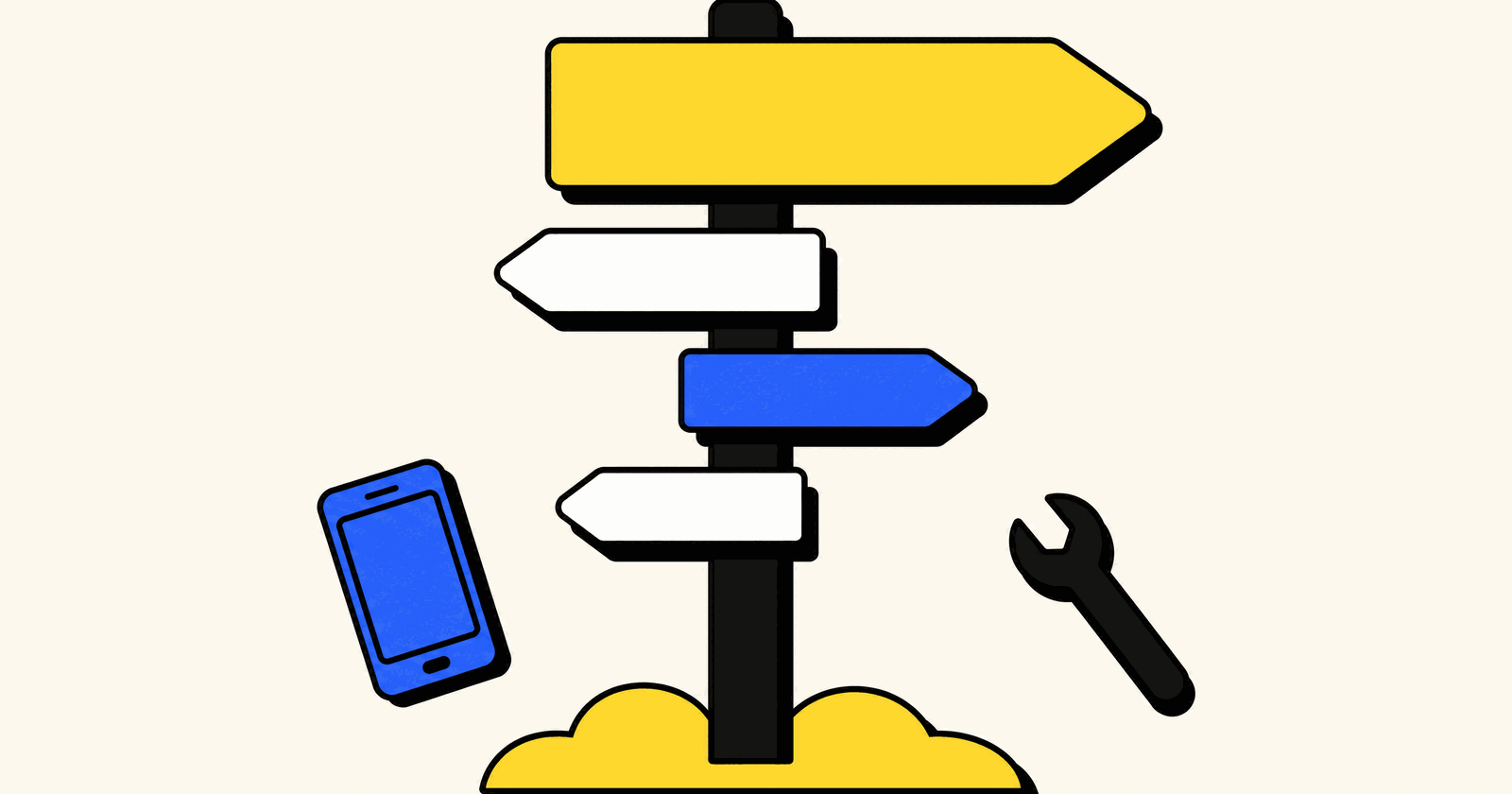 A black signpost with blank yellow, white and blue direction arrows pointing different ways, in a bold flat illustration
