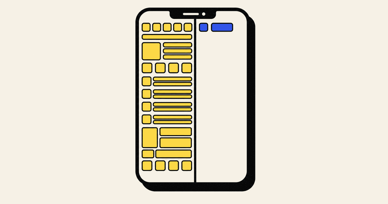 A smartphone split down the middle, one half packed with yellow interface blocks and the other half nearly empty, in a bold flat illustration
