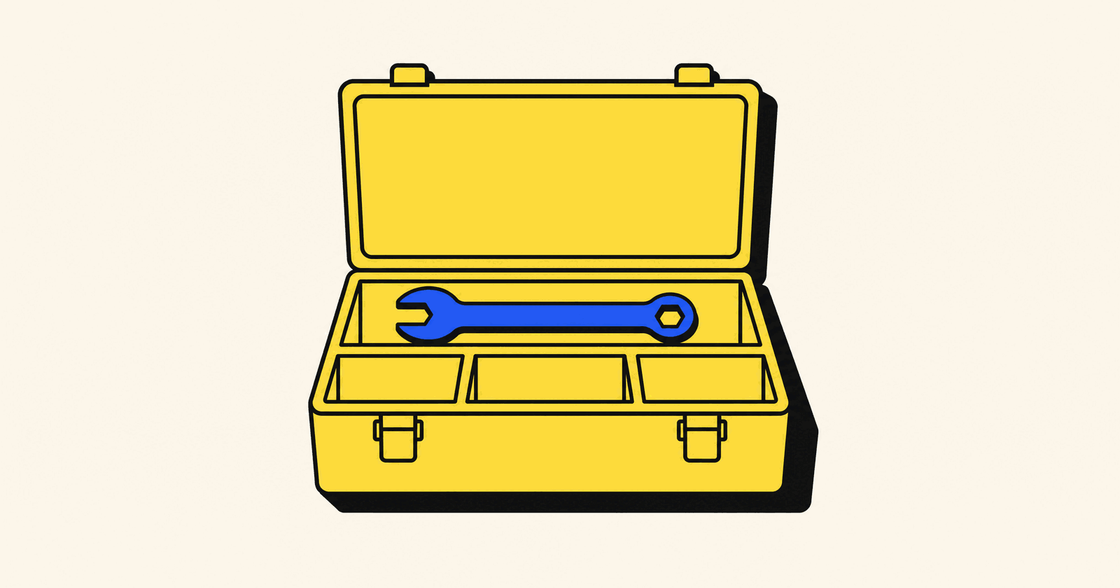 An open yellow toolbox with a single blue spanner inside and three empty compartments beside it, in a bold flat illustration