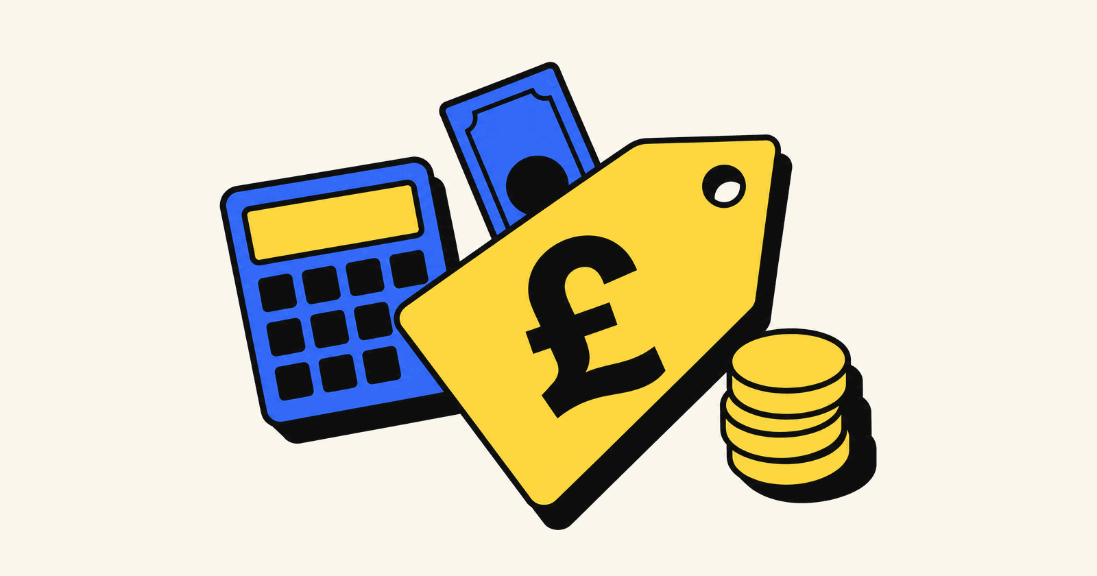 A yellow price tag with a pound sign, a blue calculator and a stack of coins, in a bold flat illustration