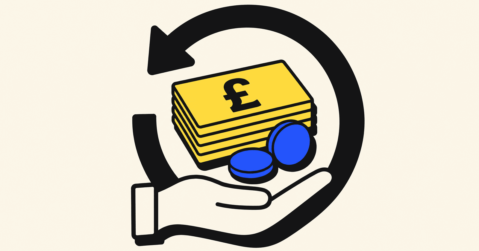 A stack of yellow banknotes with a pound sign returning into an open hand inside a circular arrow, in a bold flat illustration