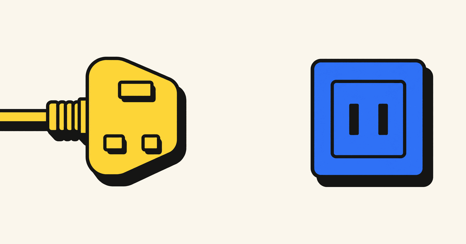 A yellow British three pin plug facing a blue American two slot socket it cannot fit into, in a bold flat illustration