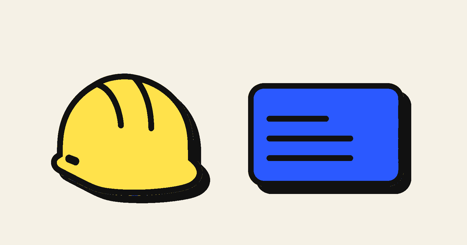 A yellow hard hat facing a blue job card, standing apart on a cream background, in a bold flat illustration