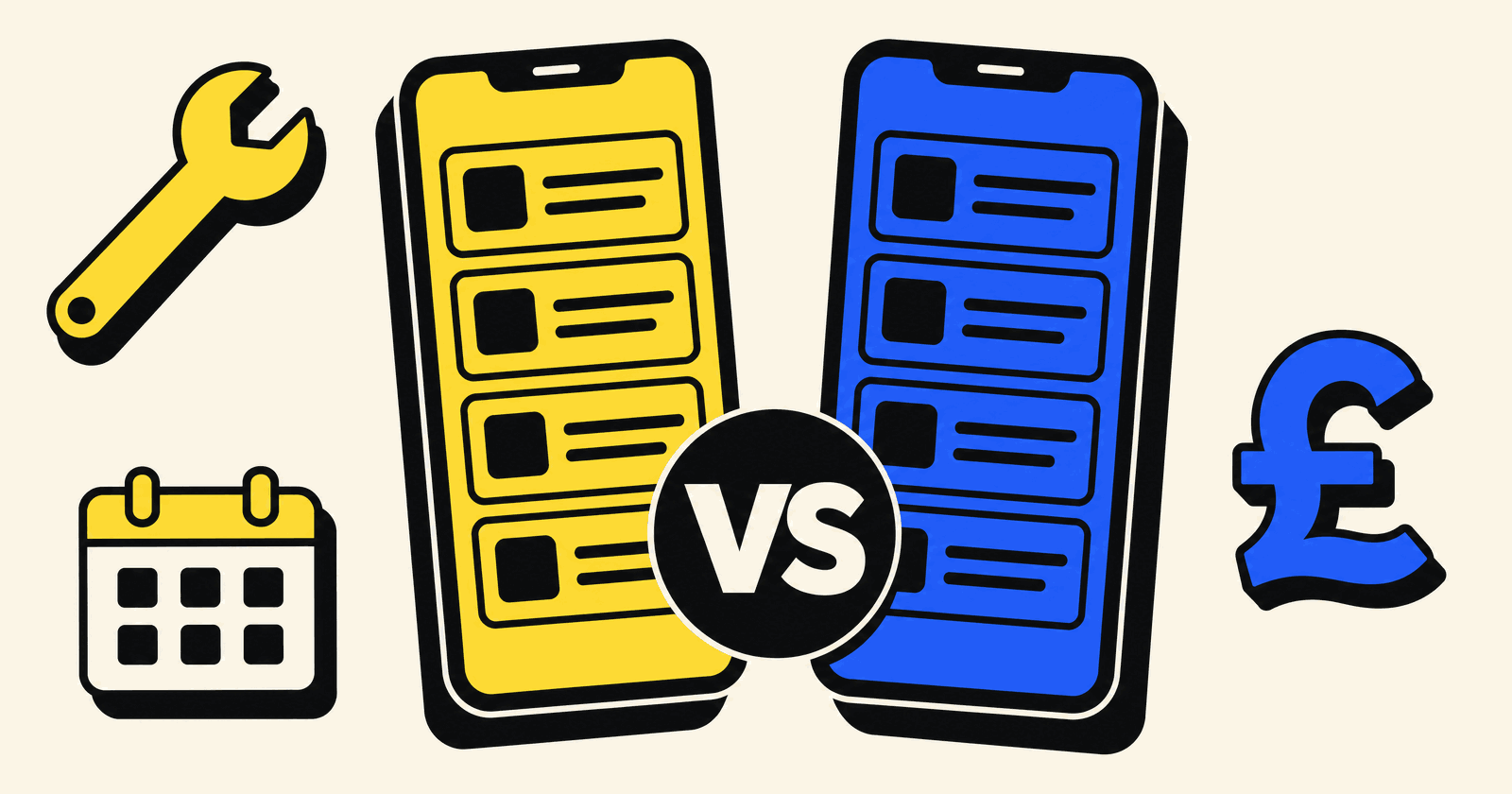 Two smartphones side by side with a VS badge between them, one yellow and one blue, in a bold flat illustration