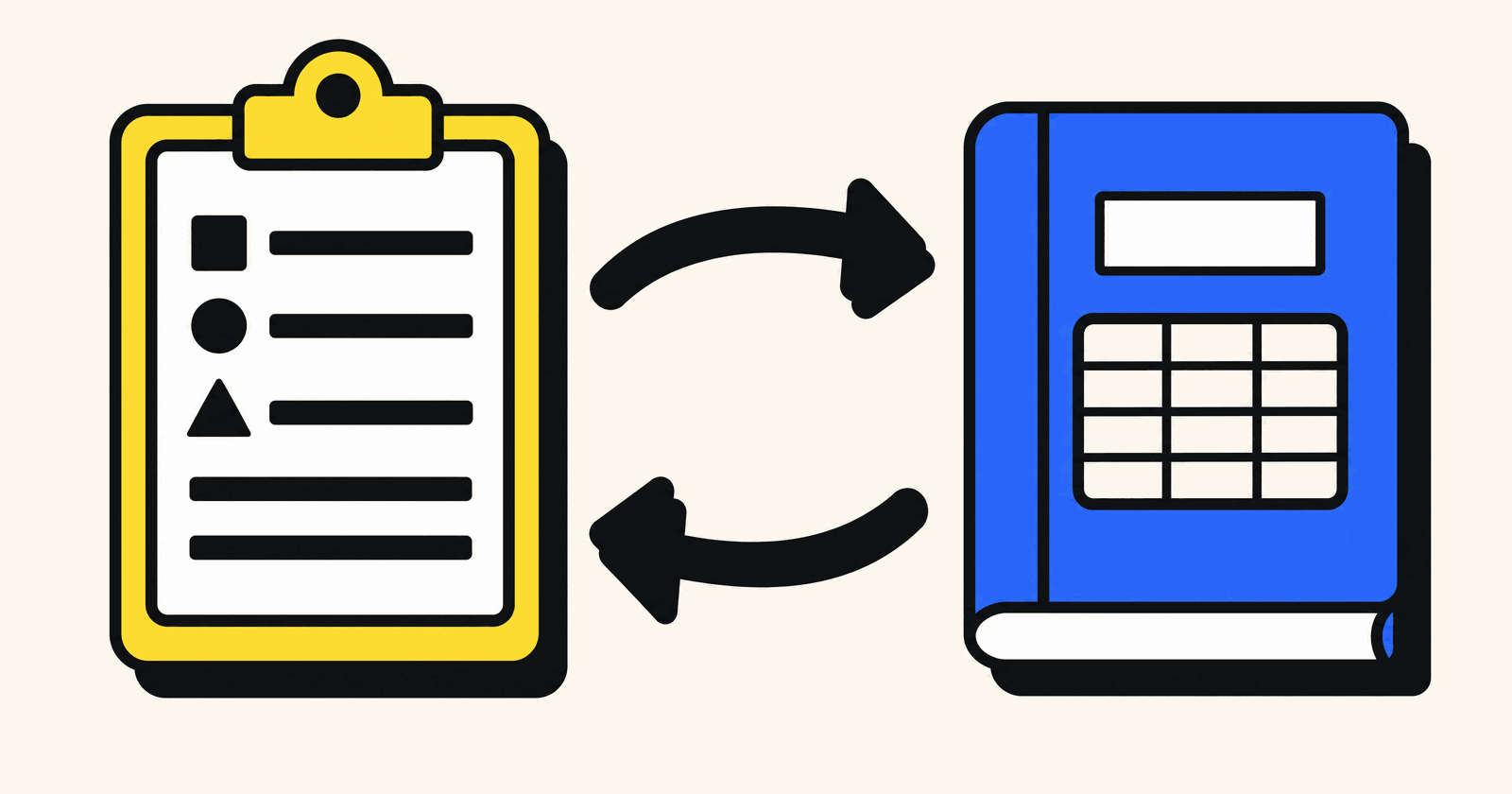 A yellow clipboard holding a job sheet and a blue ledger book, joined by two thick black arrows curving in opposite directions, in a bold flat illustration