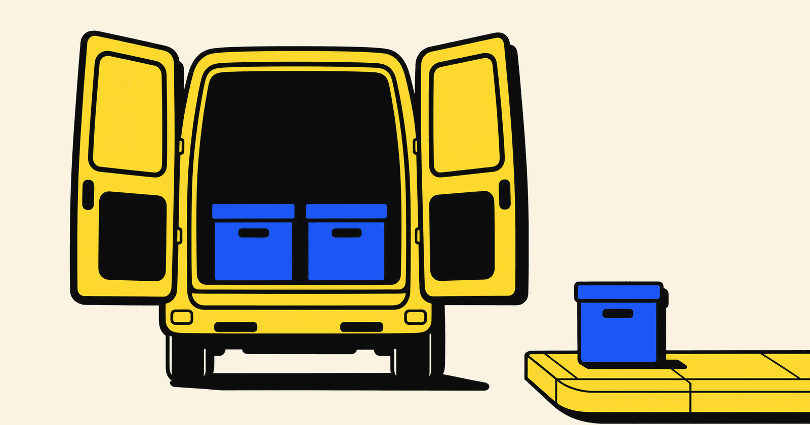 A yellow work van with its back doors open and two blue file boxes loaded inside, with a third box left behind on the kerb, in a bold flat illustration