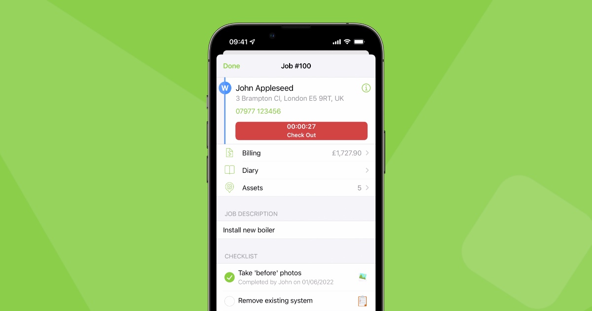 A ServiceM8 job card on a phone, showing the customer, address, billing total, the job description and an on-site checklist.