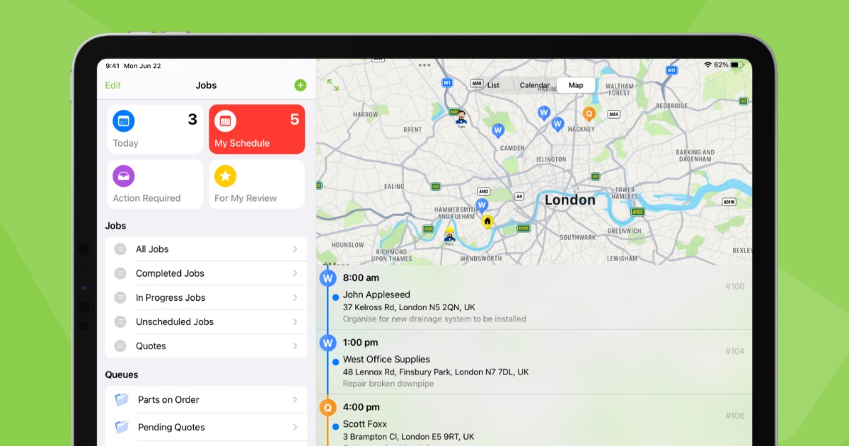 ServiceM8 on a tablet showing jobs plotted on a map of London alongside the day's job list.