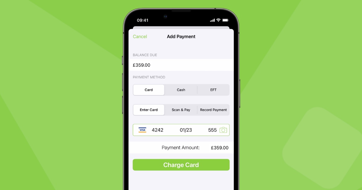 The ServiceM8 payment screen on a phone, taking a card payment for the balance due on a job.