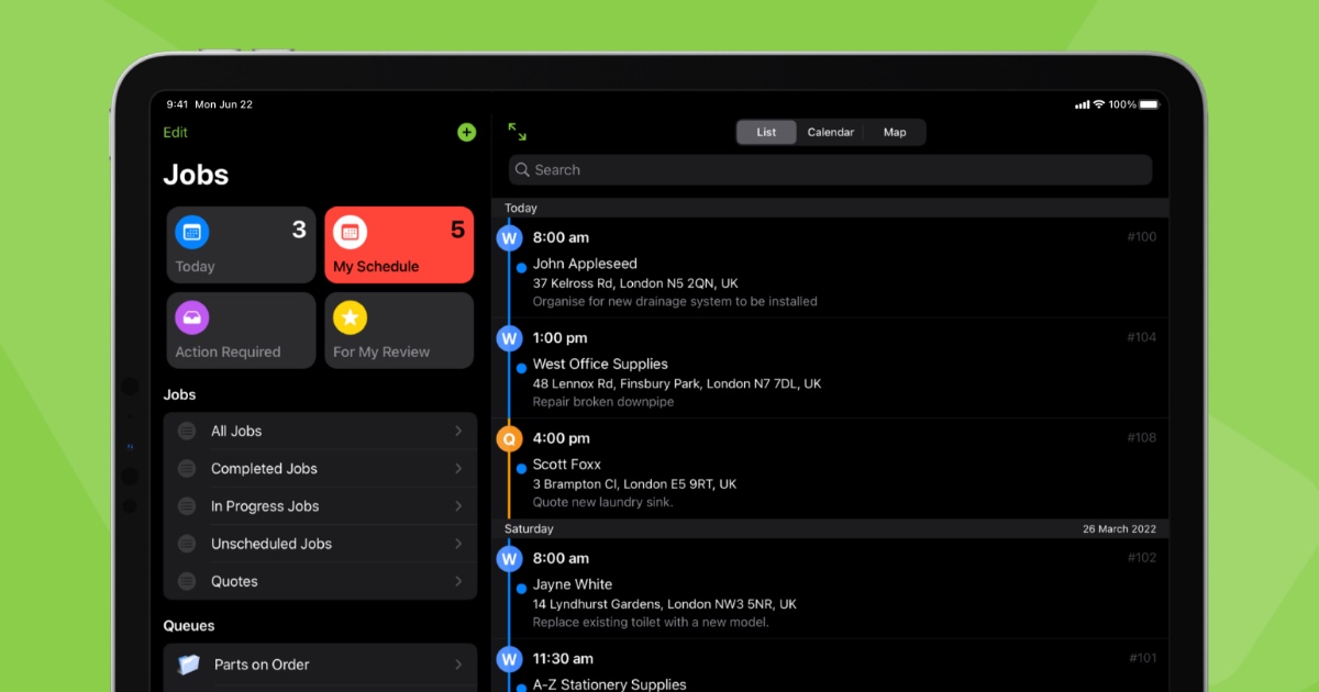 The ServiceM8 jobs list on a tablet, showing today's jobs and the day's schedule with customer names, London addresses and job descriptions.